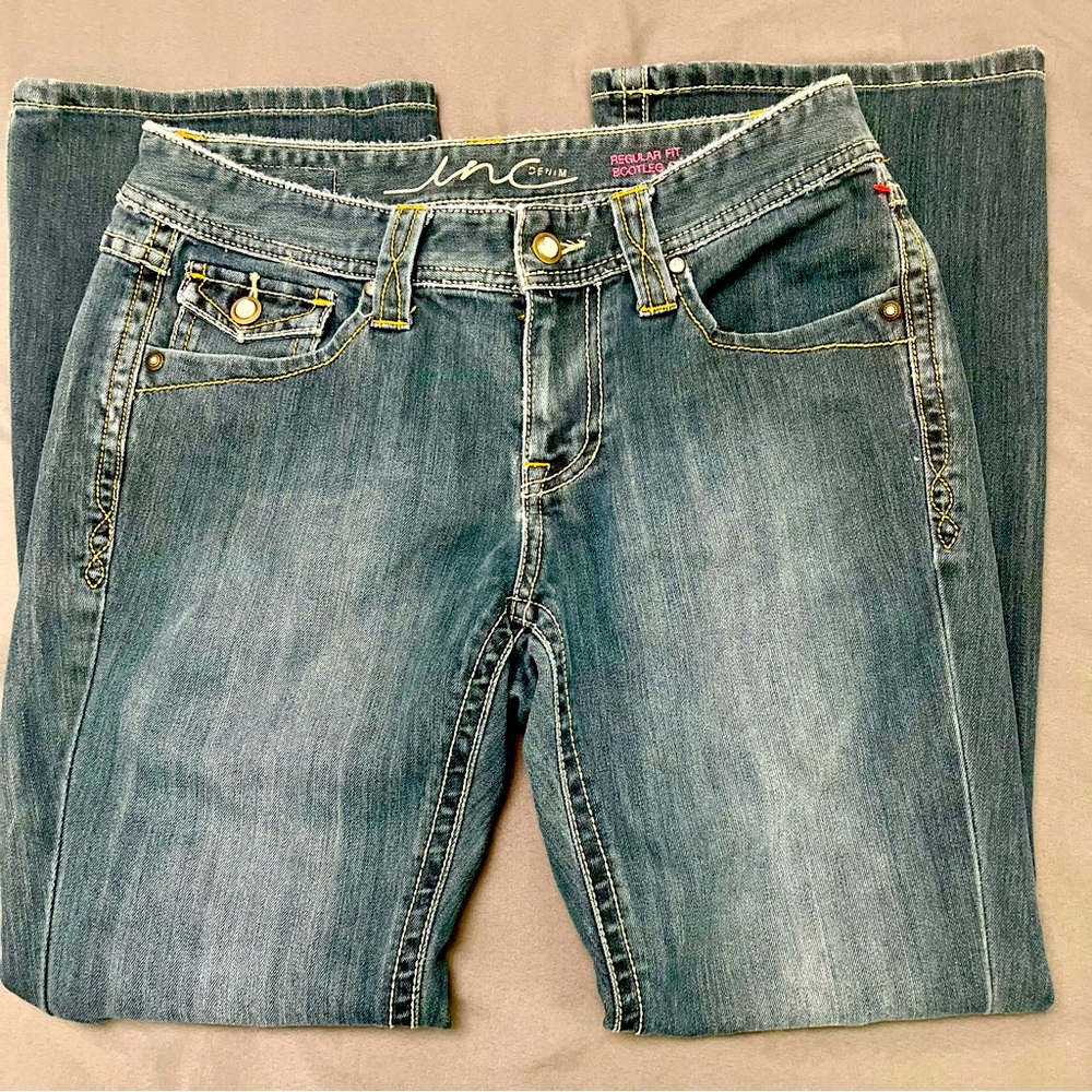 INC Denim Jeans Regular Fit Bootleg Short Boot Bootcut Stretch Rhinestone 8S 31W